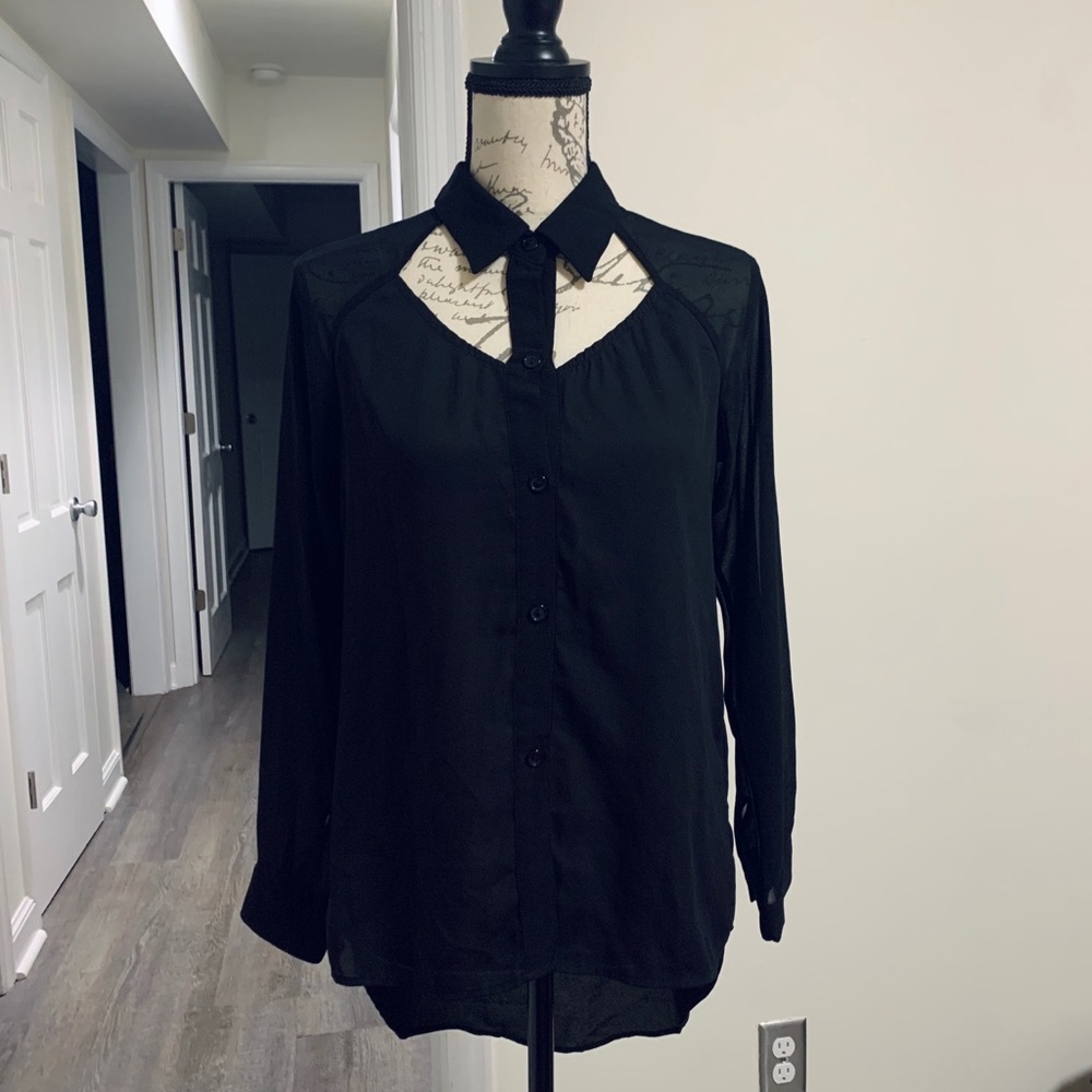 Tobi Black Chiffon Cutout Hi-Low Top